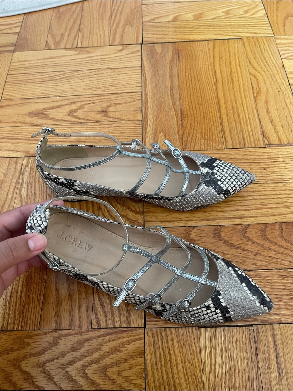 J. Crew Silver Snakeskin-Print Caged Pointed Flats - Picture 4 of 9